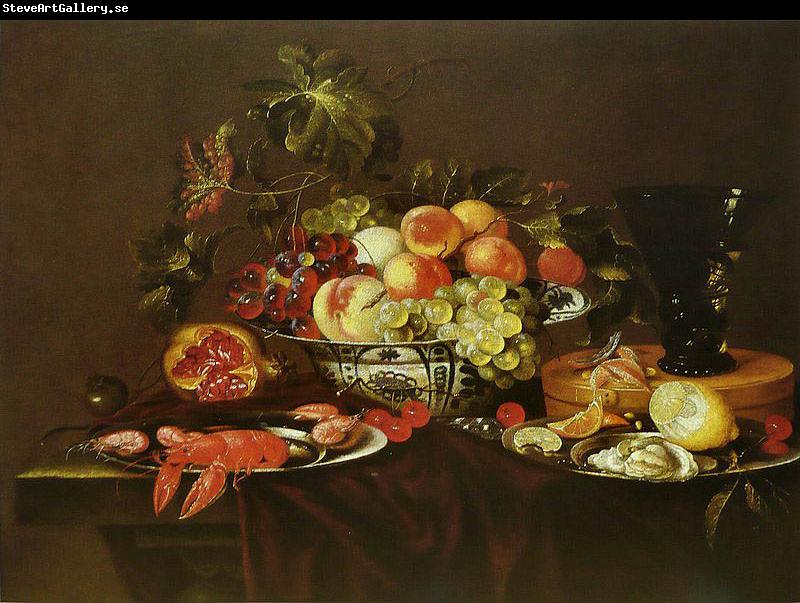 Joris van Son Crustaces, huitre et coupe de fruits avec un verre